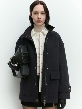 High neck midi wool coat