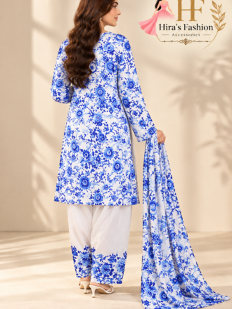 Blue & White Floral Printed 3-Piece Silk Suit with Farshi Shalwar