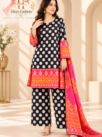 Black & White Polka Dot 3-Piece Suit with Farshi Shalwar & Pink Dupatta