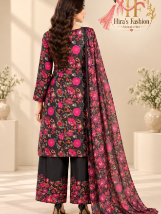 Black Floral Printed 3-Piece Silk Suit with Farshi Shalwar