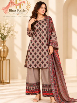 Taupe & Red Printed 3-Piece Silk Suit with Farshi Shalwar