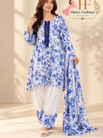 Blue & White Floral Printed 3-Piece Silk Suit with Farshi Shalwar
