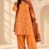 Mustard Orange Floral Printed 3-Piece Suit with Farshi Shalwar & Dupatta