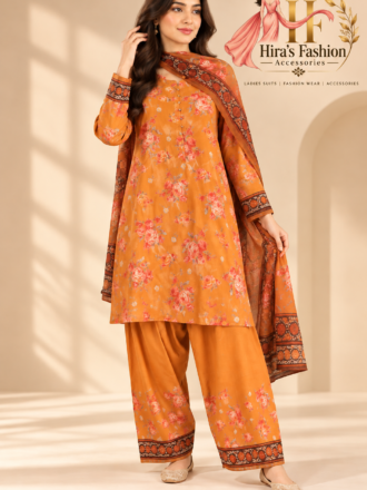 Mustard Orange Floral Printed 3-Piece Suit with Farshi Shalwar & Dupatta