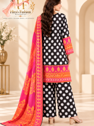 Black & White Polka Dot 3-Piece Suit with Farshi Shalwar & Pink Dupatta