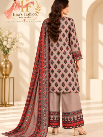 Taupe & Red Printed 3-Piece Silk Suit with Farshi Shalwar