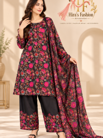 Black Floral Printed 3-Piece Silk Suit with Farshi Shalwar