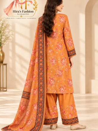 Mustard Orange Floral Printed 3-Piece Suit with Farshi Shalwar & Dupatta